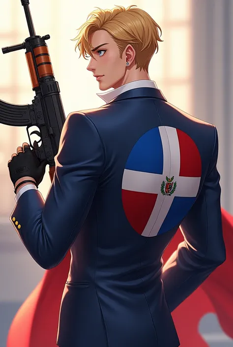 Create a blond male character wearing elegant clothes and an ak in his right hand and an uzi in his left hand with the logo of the flag of the Dominican Republic on the back of an anime-style background