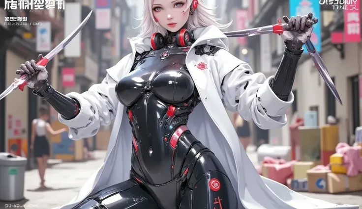 AI woman in a black cyberpunk suit, white сloak, red headphones, playful face, very tall, with thick thighs, wide hips, long legs, and a slender waist. Dark red glowing eyes, short flowing white hair. Two Kukri in her hand. Alluring, looking directly at th...