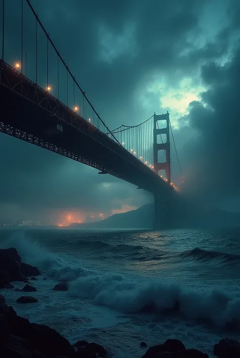 . The glowing lights of the cars are seen plunging with the bridge. The dark sky is filled with swirling, ominous clouds. The water below is turbulent, and the scene is filled with the sound of destruction, capturing the chaos and terror of the moment."