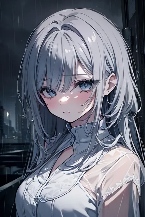 detailed portrait of a sad girl, 1girl, beautiful detailed eyes, beautiful detailed lips, extremely detailed face, longeyelashes, melancholy expression, alone in the rain, rainy day, dramatic lighting, moody atmosphere, dark cloudy sky, muted color palette...