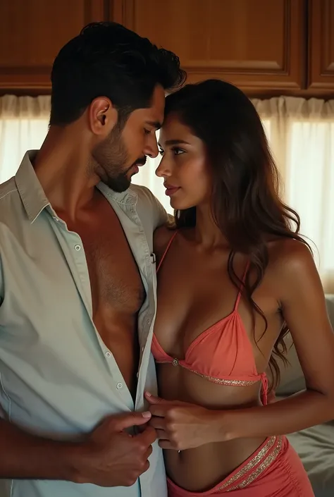 man and woman in scene, Man opening hot Indian actress shirt, in caravan, her bra visible, man touching her cleavage, nsfw, realistic image, 4k, uhd, real nsfw