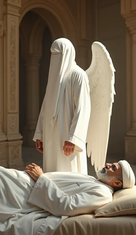 In a scene from ancient times, a male angel stands dressed entirely in white, his head completely covered with a white robe that shows no features of him at all, and he has white wings and stands looking at the bed on which the sheikh is sleeping. While th...