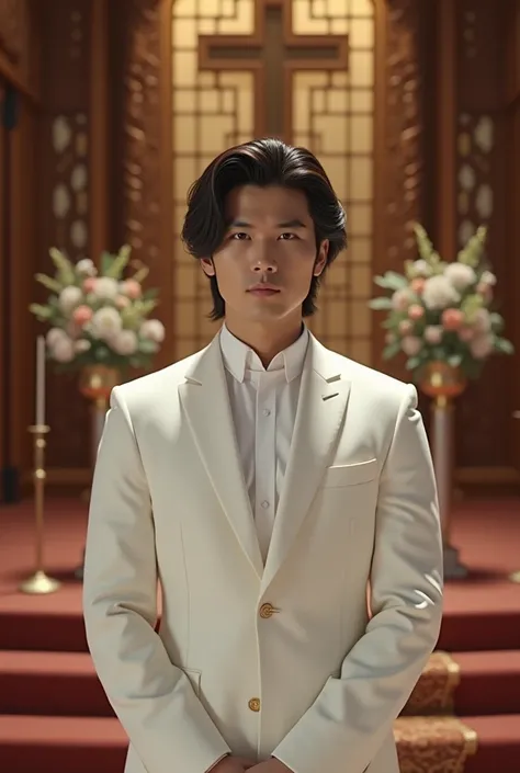 White man, with black decent hair, wearing a white wedding suit. Church Wedding background. Realistic korean type