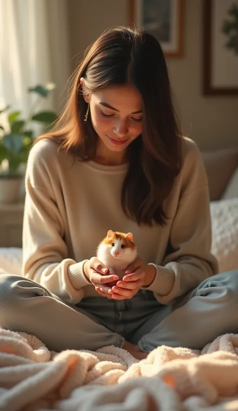 An adult girl caresses her hamster in her bed.  the image must be realistic.