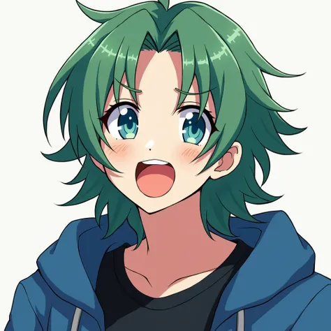 anime character half long haired man in green with blue eyes wearing black t-shirt and blue jacket smiling mouth and opening mouth like talking