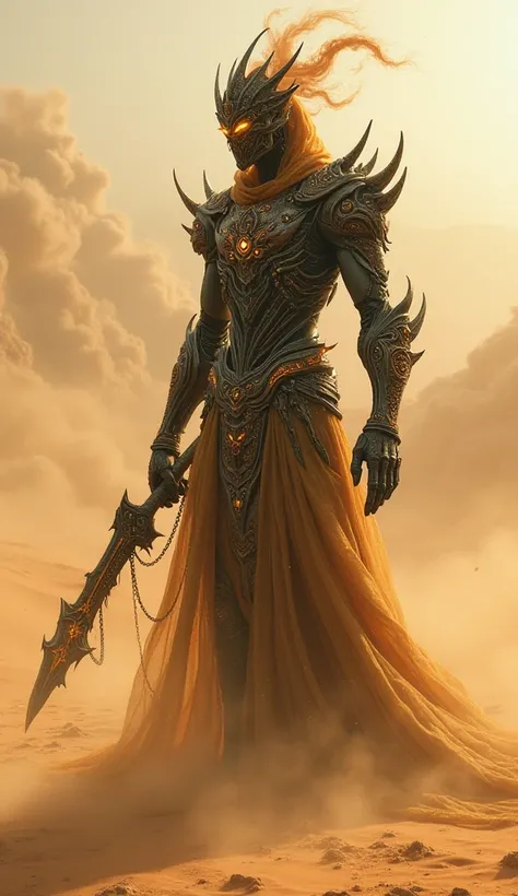 A massive warbot inspired by Djinn stands in a vast, desert wasteland. Its armor is a swirling mix of dark, mystical metals and shimmering, translucent fabrics that seem to shimmer like the mirage of the desert heat. The warbot’s form is both fluid and sol...