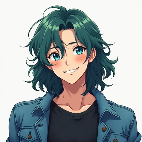 anime character half-long haired man in green with blue eyes wears black t-shirt and blue jacket smiling mouth