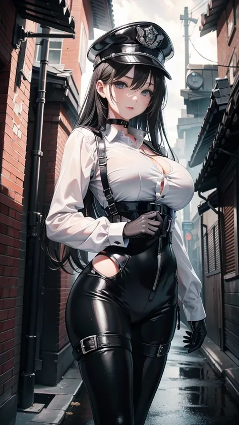 8K，realistic，glamorous，He is very detailed， a 20-year-old girl,  a sexy and charming woman , (( seen from the front)), standing,  beautiful eyes ,  Detailed eyes,  black eyes,  long black hair , police hat,  choker : 1.6, ((white long sleeve buttoned shirt...