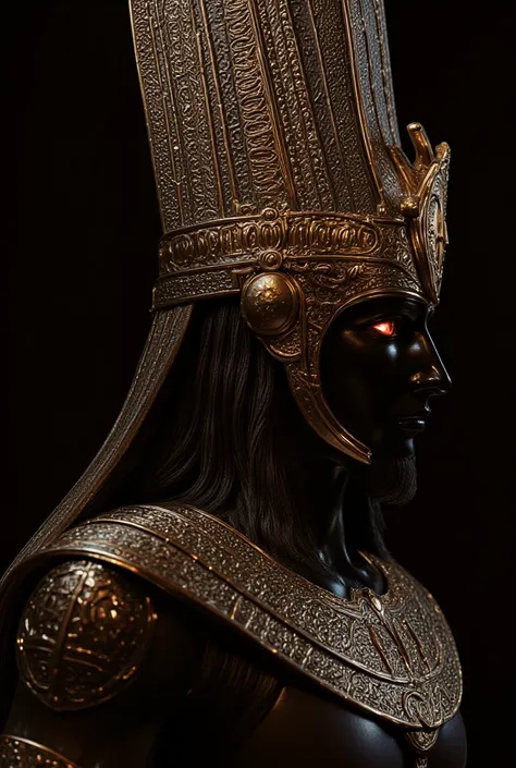 (best quality, masterpiece: 1.2), Stargate armor, gold detailed pagan symbols, glowing eyes, photorealistic side portrait of god Horus with great helmet. red glowing eyes.