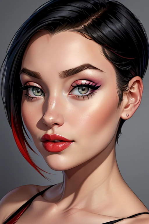 A portrait of a beautiful female whose facial features are a combo of Meghan McCain + Lili Simmons + Gigi Hadid + Kim Petras. The female has short black hair styled in a pixie cut. The female has lovely makeup on her face. The female wears red lipstick. Sy...