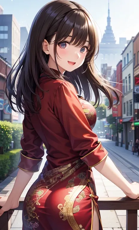 anegasaki nene、 shiny maroon hair,  ( brown pretty eyes 、 sparkling eyes , Fine grain)、smile、 super detailed eyes、 very detailed face,  very detailed eyes,   (Masterpiece:1.2,  best quality), 1 girl, cowboy shot、




/woman,20 years old,city,((( silk Chine...