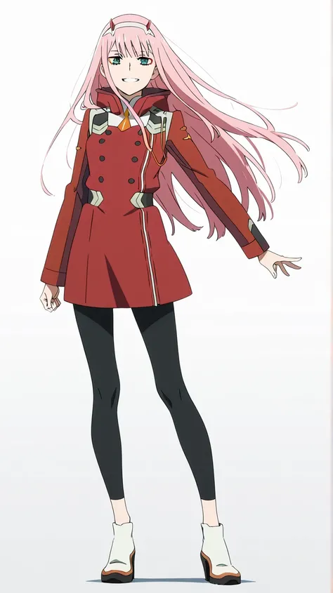 Masterpiece, detailed, high quality, high resolution, detailed face, 1girl, solo, smiling confidently, beautiful face, Zero two (Darling in the franxx), zero two, zero two \(darling in the franxx\), green eyes, hairband, horns, long hair, pink hair, red ho...