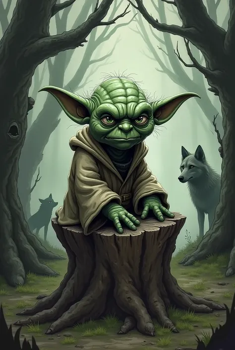 Create a simple hand drawn 2D character sketch with the following description: a sinister little grey gnom similar to Yoda with big, big green frog eyes and pointy ears. He has to sit on a tree stump. He has to look really arrogant.
The rest of the 2D artw...