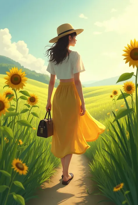 Young woman carrying handbag wearing slippers with hat  , tilted view strolling in rice fields and sunflower fields 