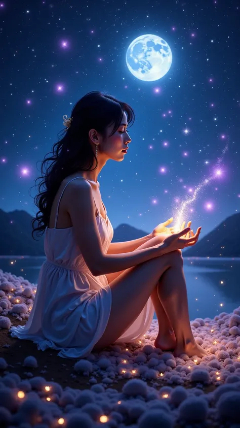 A woman sitting gracefully under a starry sky, with her legs crossed and her hands gently placed in her lap. Her silhouette is softly illuminated by the moonlight, casting a gentle glow on her serene expression and delicate posture. Around her, the stars t...