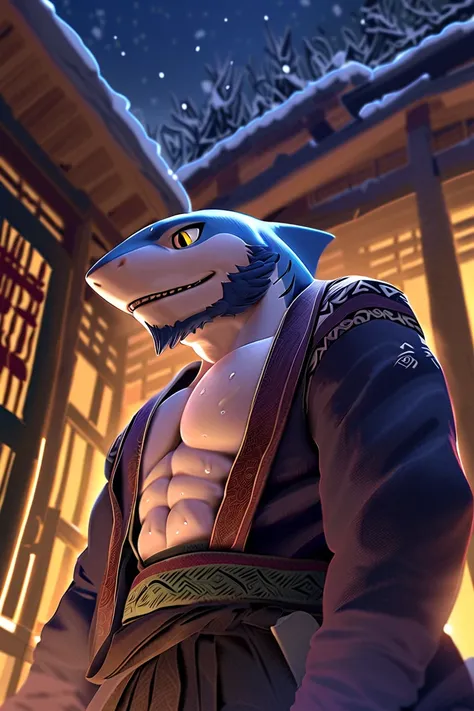 masterpiece, Blue Shark, dark blue fur, Muscular, strong physique, blue beard, yellow eyes, strong jaw, great lighting, very manly, sweaty, Fantasy theme, finely detailed clothes, traditional Japanese kimono, background: traditional japanese tavern exterio...