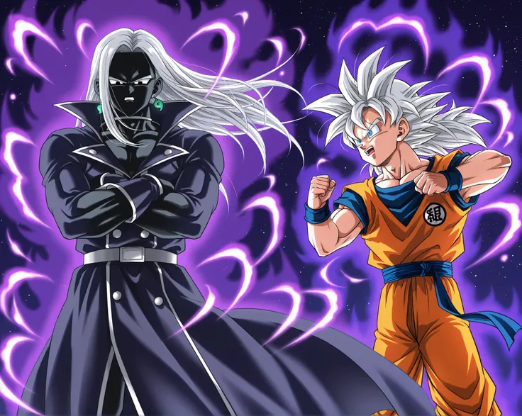  male 、dark white hair 、   long hair、 darkness 、Gloomy face、 galaxy eyes、   high resolution、 Super Fine、whole body、 Galactic Coat、  Space Hand 、   dragon ball style、Son Goku Wind、Dragon Ball Super、 Madness 、 Magatama Earrings 、   best image quality 、、 dark...