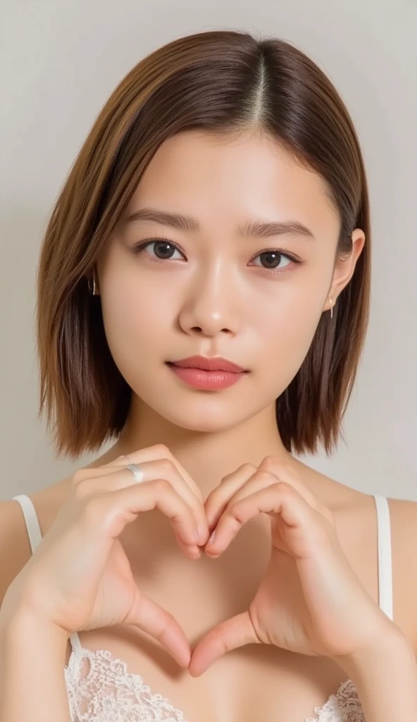  Super Fine、An upshot of her face、She smiles, wears a camisole, and poses with her hands in the shape of a heart in front of her chest、The background is plain、  high definition、細部にわたって high definition