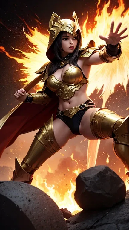 A full-body depiction of a female warrior with a muscular, powerful physique and a cobra head, her hood flared behind her. She wears gleaming golden armor intricately designed with snake-scale patterns and adorned with delicate carvings. She strikes a dyna...