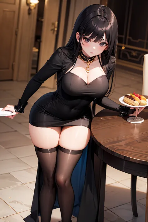 1girl Sitting at an elegant and luxurious table in a hotel “"Giant breasts" + "large rear" + "wide hips" + " tiny waist" + "plump thighs" + "black eyes" + "Long straight black hair with straight bangs" + {“Outfit: Black mate dress with gold chains, black e...