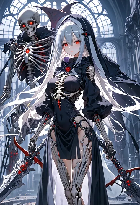 The appearance of Cyber Nun's Habit。Machine Girl。場所は horror教会。Machine body。large coffin。Coffin behind。 mechanization。Mechanical quadriceps。Red eyes 。 Silver Hair。 Cross 。 horror。black hood。curse。Mechanical skeleton。Manipulate the dead。Grim Reaper&#39;s Scy...