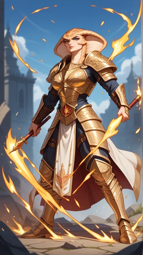 A full-body depiction of a female warrior with a muscular, powerful physique and a cobra head, her hood flared behind her. She wears gleaming golden armor intricately designed with snake-scale patterns and adorned with delicate carvings. She strikes a dyna...