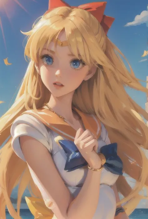 An incredibly beautiful young blonde femme fatale, with long golden straight hair, a scarlet bow in her hair, blue eyes, beautiful facial features, she is wearing an orange sailor suit, she is holding a golden chain of Venus in her hands. She's Sailor Venu...