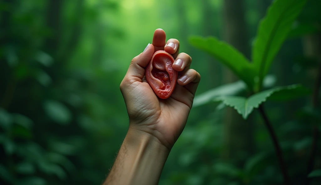 A hand holding a cut ear in a green background 