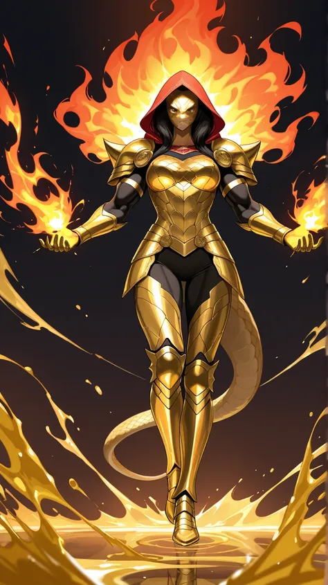 A full-body depiction of a female warrior with a muscular, powerful physique and a cobra head, her hood flared behind her. She wears gleaming golden armor intricately designed with snake-scale patterns and adorned with delicate carvings. She strikes a dyna...