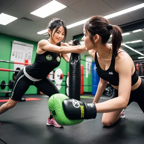 A sleek and vibrant kickboxing gym comes alive with energy, professionalism, and inclusivity:
	•	A blonde, Shibuya-style girl radiates confidence and joy as she delivers a sharp punch to a neon pink punching bag, her trendy athletic outfit reflecting her s...