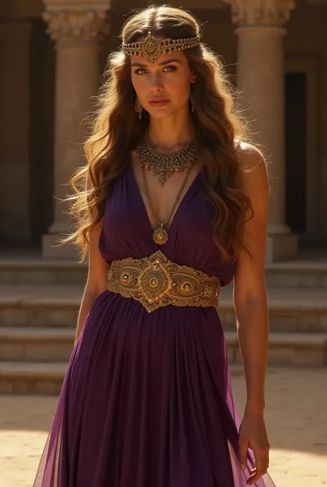 photo from gladiator movie, a very beautiful young  women,who is caesar daughter, long voluminous light brown hair with , wearing a diadem tiara and other jewelry, wearing a luxurious purple dress with a gold waist decoration, standing on the gladiator cae...