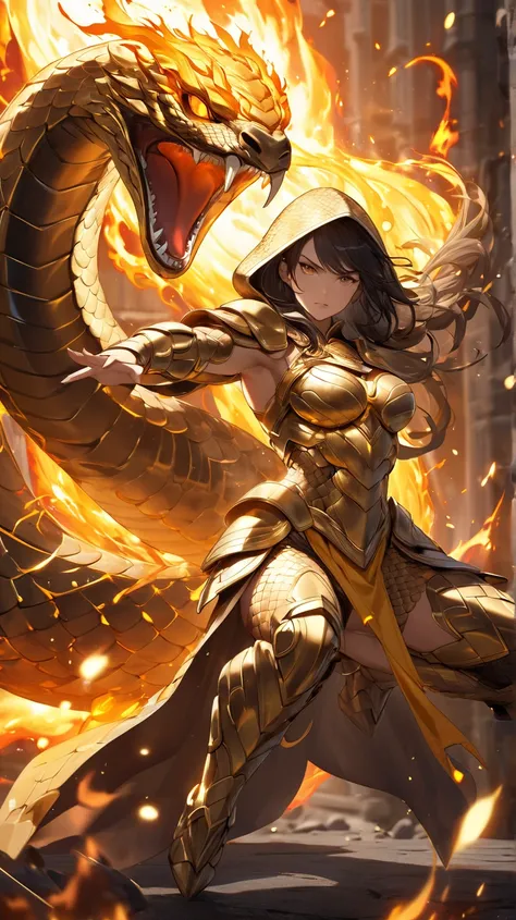 A full-body depiction of a female warrior with a muscular, powerful physique and a cobra head, her hood flared behind her. She wears gleaming golden armor intricately designed with snake-scale patterns and adorned with delicate carvings. She strikes a dyna...