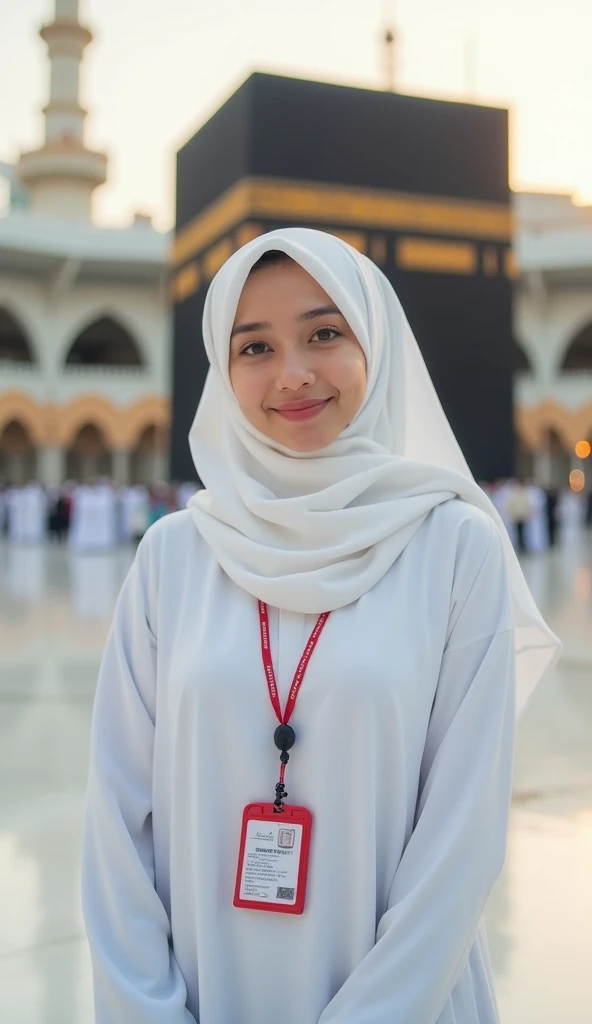 Realistic photography, sharp, detailed, 35mm F 2.8 lens, 4K quality image, beautiful woman from Asia Indonesia, wearing white umrah clothes, wearing a red ID card necklace, background of the Kaaba in Medina, Saudi Arabia, full body, umrah atmosphere