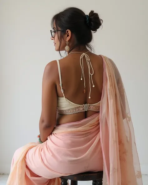 A 27 years old ,matured,american white woman with a large-sized, full figured body shape, ivory white round-shaped face.

 She and her black african husband. Attire: A chiffon saree in pastel hues with a halter-neck blouse. The blouse design features delic...