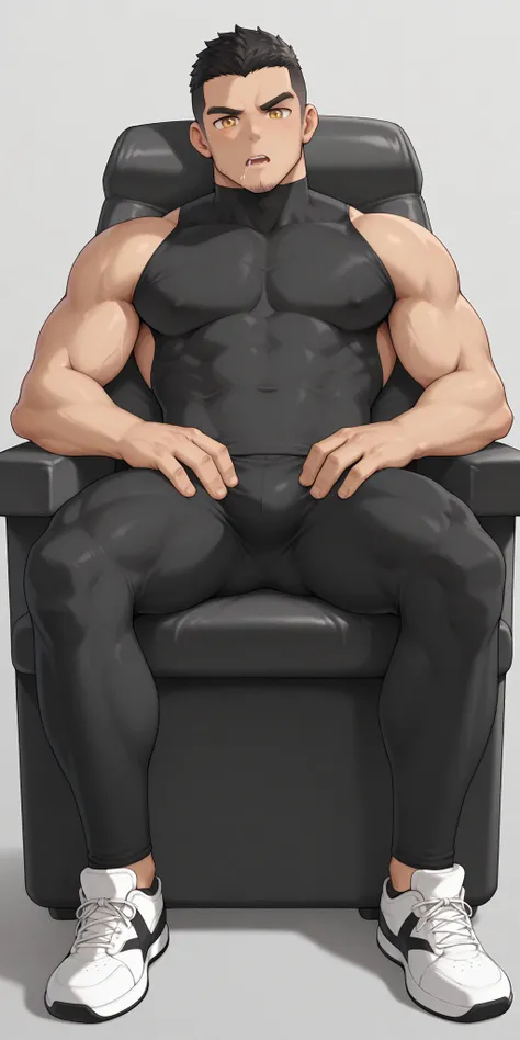 anime characters：Gyee, whole body, In a clean and tidy bedroom, Sit on an upscale sofa massage chair, He has an arrogant expression, It has lots of milky white mucus on it, He grits his teeth, He wears a fancy suit and pants, The inside is paired with a bl...