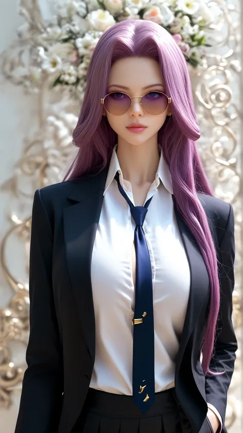 highest quality,masterpiece,High resolution,only,{Black business suit:1.40},{tie:1.20},{sunglasses:1.25},{White gloves:1.15},{ White shirt:1.10}, {Black Skirt:1.15}, good looking, {Medusa_FGO:1.15}, length_hair, purple_hair, very_length_hair, purple_eye, c...