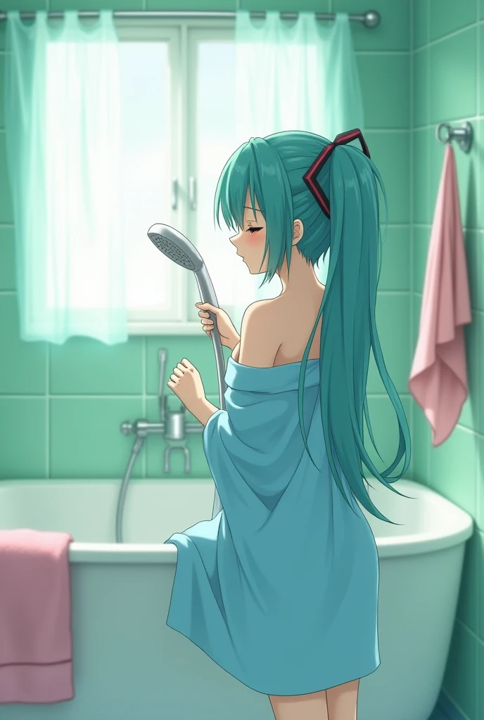  creates a high quality semi-realistic image , of Hatsune Miku wearing a blue towel , Standing in the shower holding the shower ,, closing his eyes in front of the bathtub. In the green-painted bathroom, a thin light green window curtain flutters in the br...