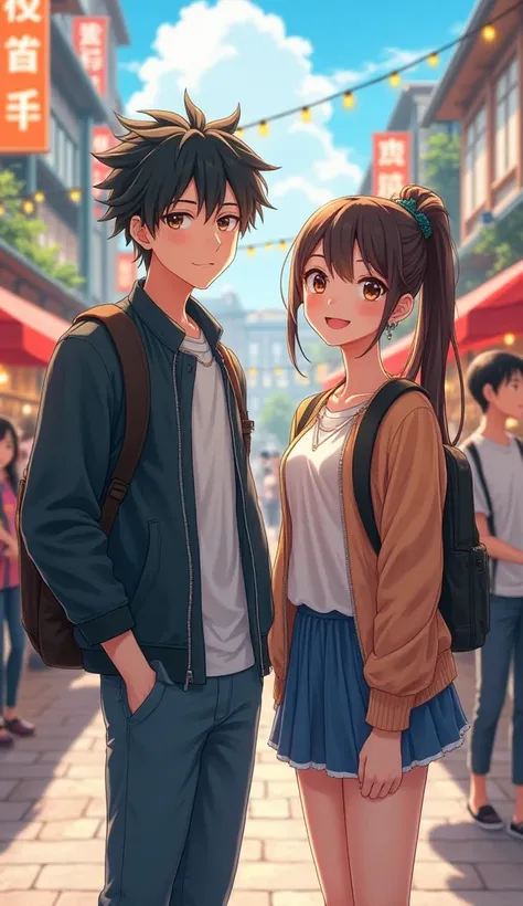 A Japanese campus festival setting featuring an attractive male student in a casual jacket and a lovely female student in a flowy blouse, both standing together and looking directly at the viewer.