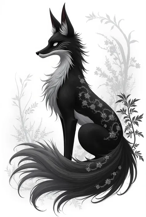 Nine-tailed fox　 black and white　Japanese style　 accessory with frills