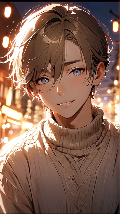 (((masterpiece))),((( best quality))),(( more details)),(( very delicate and beautiful )), (((( solo boy )))), ((A man in his mid-teens )), cinematic angle, light brown hair,Gray Eyes, ( beautiful detailed eyes),hair between eyes, Gentle Smile , knitted sw...