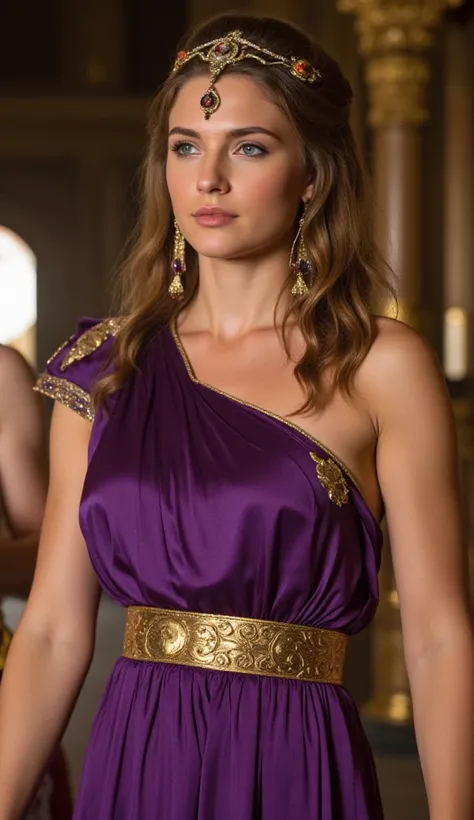 photo from gladiator movie, a very beautiful young  women,who is caesar daughter,light blue eyes, long voluminous light brown hair with , wearing a diadem tiara and other jewelry, wearing a luxurious purple dress with a gold waist decoration, standing on t...