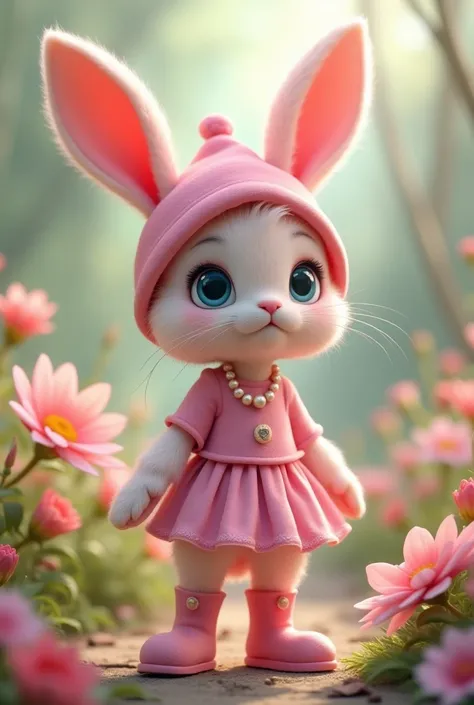  Create a soft rose-haired bunny with big ears and a pink hat, with a pink blouse and a pink skirt , and pink boots ,  with a shiny pearl necklace from blue eyes standing in a beautiful garden  