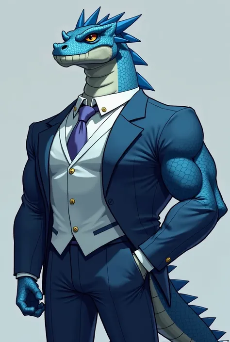 As an animated picture,Picture a blue, muscular, broad-shouldered dragon in a suit.I have to be tall,You must be frowning slightly. pectoralis major muscle is very big. the neck is thick, 