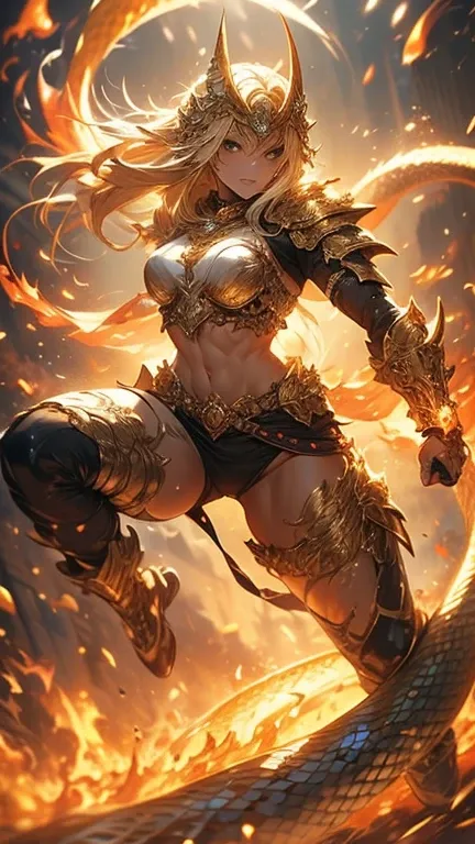 A full-body depiction of a female warrior with a muscular, powerful physique and a cobra head, her hood flared behind her. She wears gleaming golden armor intricately designed with snake-scale patterns and adorned with delicate carvings. She strikes a dyna...