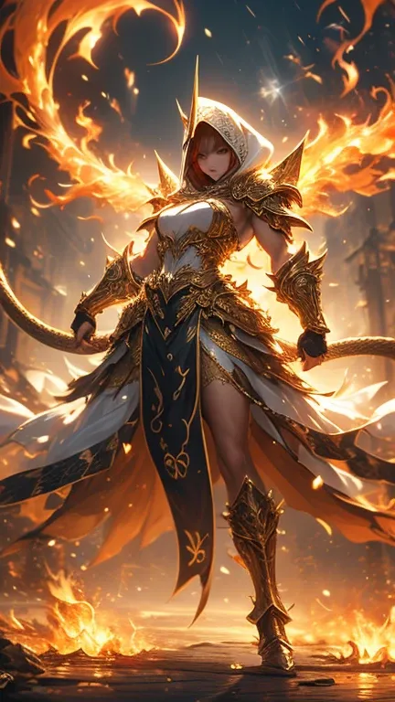 A full-body depiction of a female warrior with a muscular, powerful physique and a cobra head, her hood flared behind her. She wears gleaming golden armor intricately designed with snake-scale patterns and adorned with delicate carvings. She strikes a dyna...