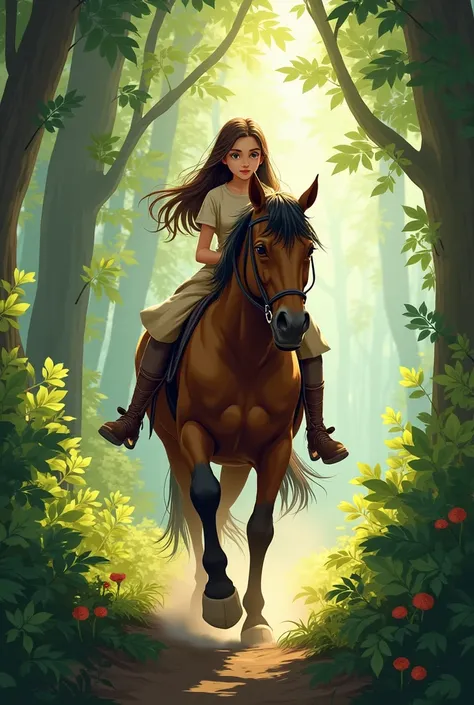 Horse in a woodland with an eleven year old girl rider not AI look