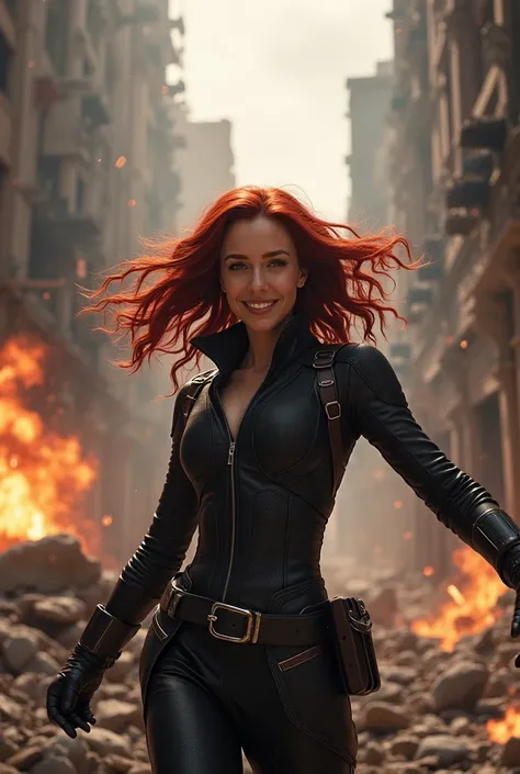 Photos of the fight between Black Widow and the Ten Rings,  atmosphere of destroyed urban buildings, face looks cheerful ,full of familiarity, aesthetically pleasing catastrophic explosion background