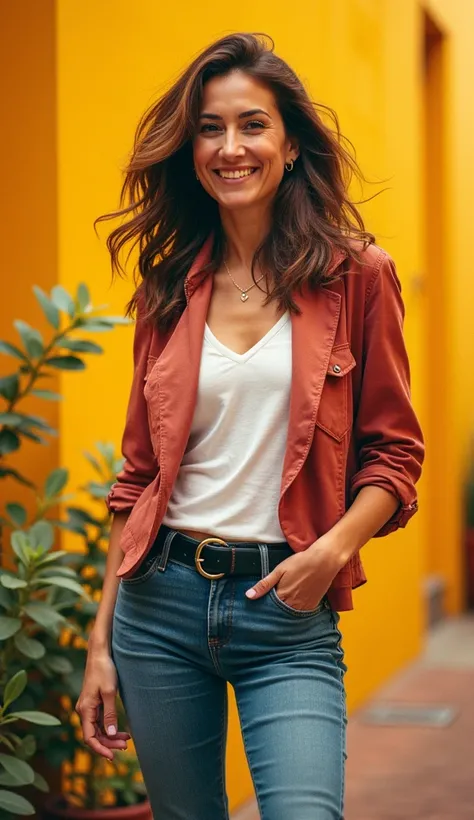 Real life Style image. with discreet casual clothes. image adult woman, american, cinematic style. SHE IS HAPPY AND GRATEFUL, with a discreet smile.woman with wavy hair in under shirt Tucked in skintight jeans and black buckle belt 