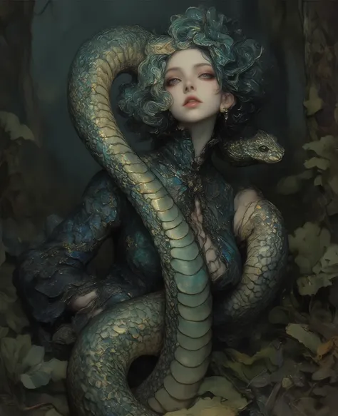 The upper body looks like a human and the skin looks like snake scales、An image with the theme of a snake woman whose lower body is the body of a snake、