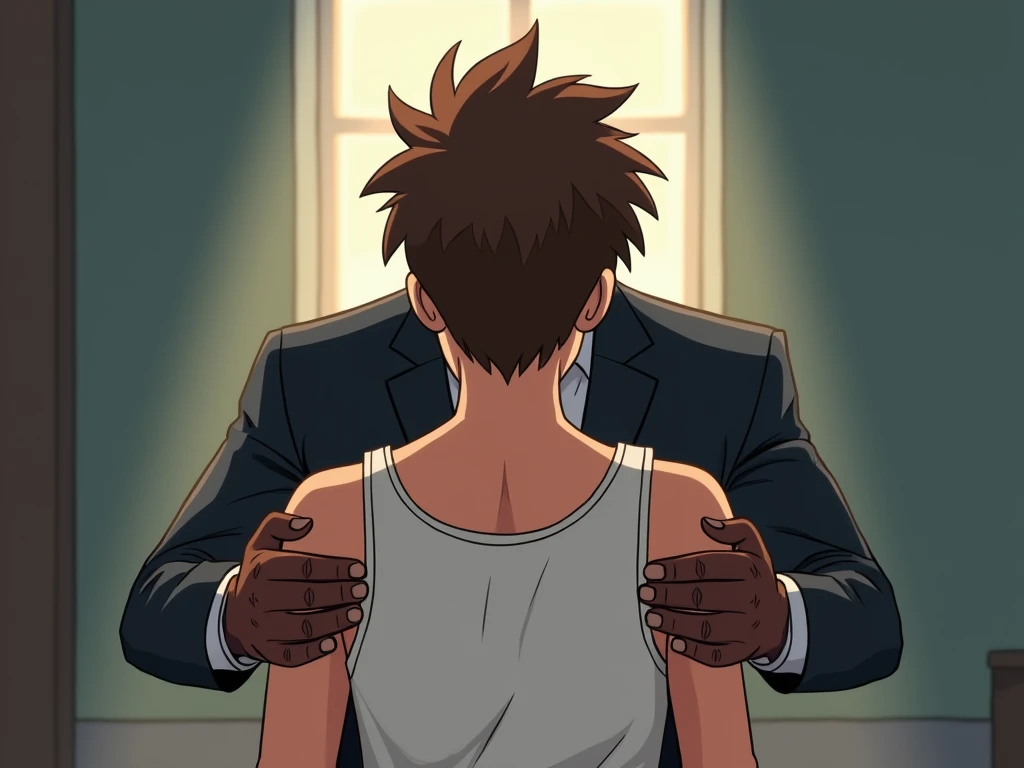 A cartoon-style illustration in a dimlit room with a tense but professional atmosphere. Naruto with messy brown hair, wearing a low-back white sleeveless tank top, stands infront of a strict but composed African principal in a suit, wearing a neutral expre...